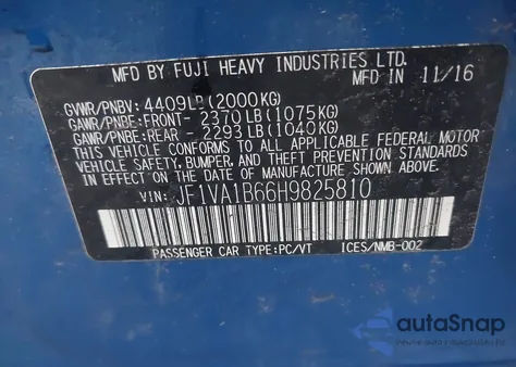 2017 Subaru Wrx z USA, uszkodzony, nr VIN JF1VA1B66H9825810